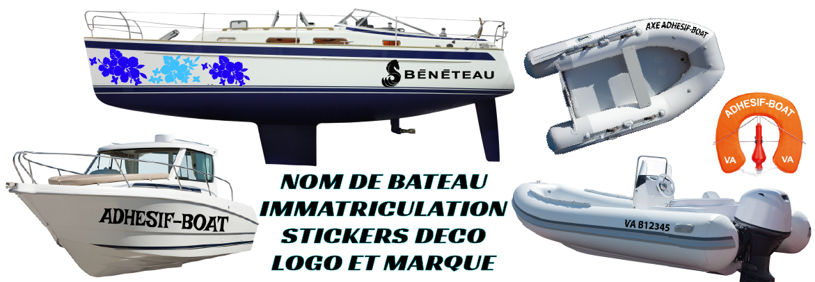 marquage adhésif pour immatriculation de bateau, nom de bateau, logo et marque, stickers déco